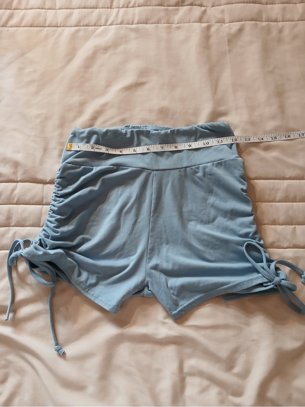 High-Waist Ruched Side Drawstring Shorts - Blue - Picture 6 of 7